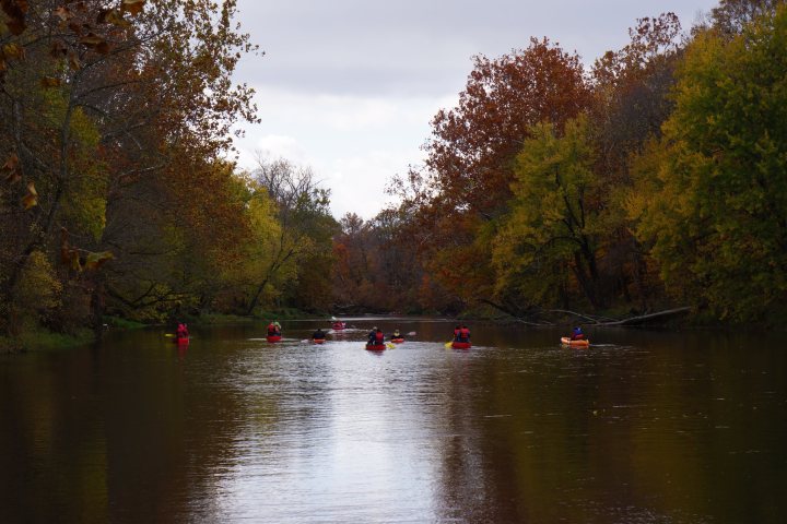 a boat floating along a river next to a body of water