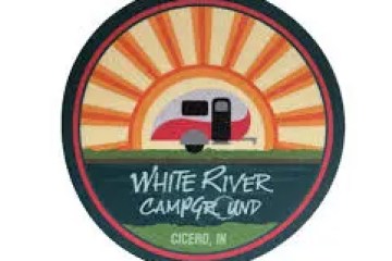 White River Campground logo with sunrise and trailer, Cicero, IN.