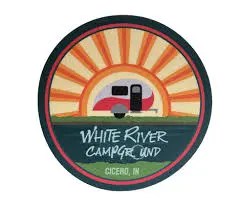 White River Campground logo with sunrise and trailer, Cicero, IN.